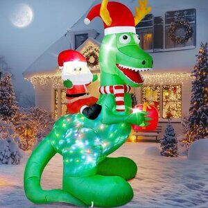 🆕8ft Christmas Inflatable Santa Riding Dinosaur Holding Gift Outdoor Decoration
